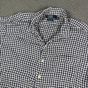 Vintage Polo Ralph Lauren Shirt Men L Blue Plaid Clayton 100% Linen Loop Collar